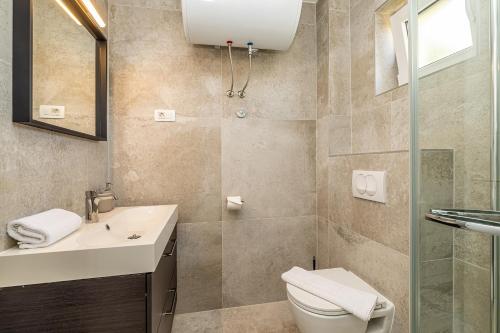 a bathroom with a toilet and a sink at Villa Haya with heated pool in Linardići