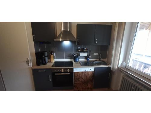 a kitchen with black cabinets and a sink and a window at Ferienwohnung Lidwina in Steinwiesen