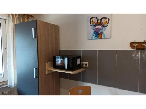 a kitchen with a microwave and a painting on the wall at Ferienwohnung Lidwina in Steinwiesen