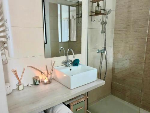 une salle de bain avec un lavabo blanc et une douche dans l'établissement T2 à 5 minutes des plages du Mourillon, à Toulon