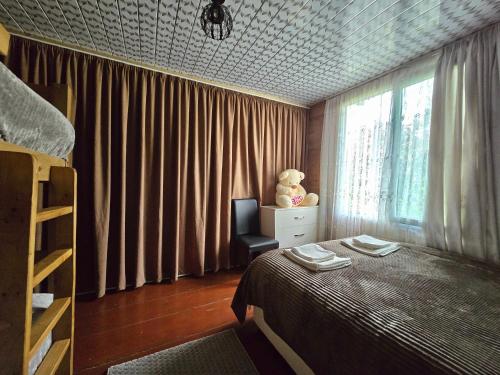 a bedroom with a bed and a teddy bear next to a window at Guesthouse Anri in Shuakhevi