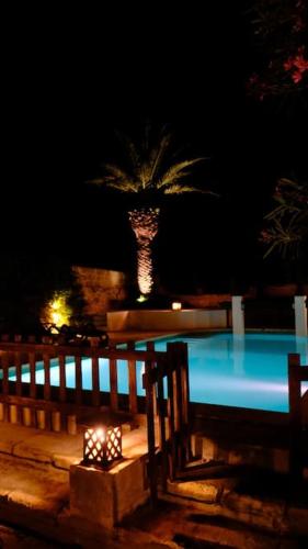 a pool at night with a palm tree in the background at Casa Palma Gozo in Għarb