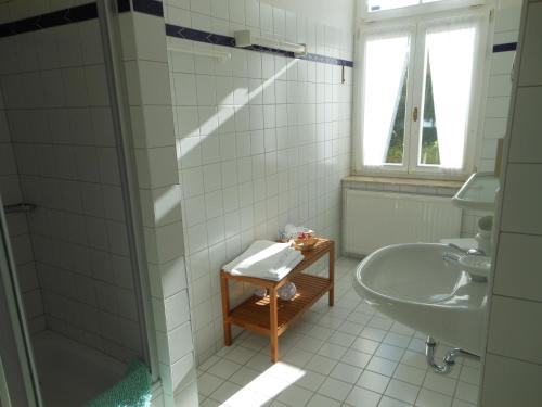 y baño de azulejos blancos con lavabo y ducha. en Pension Fürstenhof, en Bad Elster