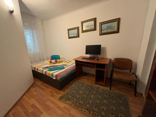 a bedroom with a bed and a desk with a computer at Fantastic camp in Piteşti