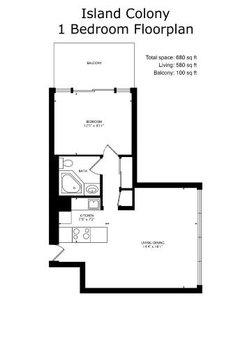 a floor plan of the island colony bedroom floorplan at Amazing View Waikiki Beach 28th Floor 1BR Family and Group Condo in Honolulu