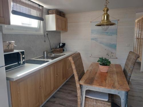 La cuisine est équipée d'une table, d'un évier et d'un four micro-ondes. dans l'établissement La Désirade, à Saint-Jean-de-Monts