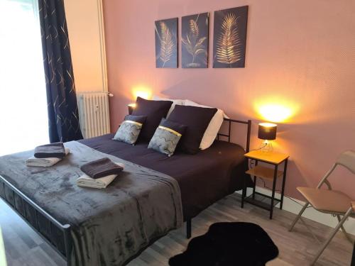 a bedroom with a large bed with pillows on it at Le Beauregard, 2 chambres, Hyper Centre de Beauvais in Beauvais
