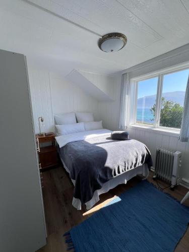 a bedroom with a bed and a large window at House with Whirlpool in Nygard
