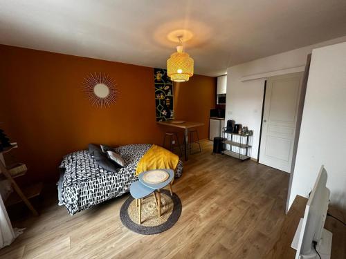 un salon avec un lit et une table dans l'établissement Le Petit phucket - centre ville - wifi, à Niort