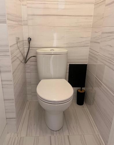 a bathroom with a white toilet in a room at Apartament Zavodzie in Katowice