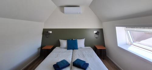 Un dormitorio con una cama con dos almohadas azules encima. en 2B nieuwe vakantie woning met terras, en Westkapelle