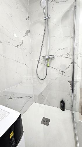 une salle de bain avec une douche avec un lavabo et une douche dans l'établissement Magic Dreams Appartement Paris, à Montévrain