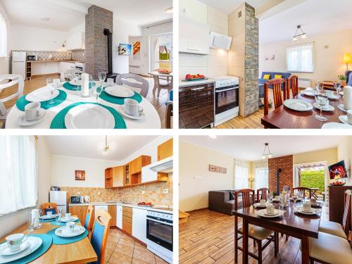 a collage of three pictures of a kitchen and a living room at Morska Kraina in Białogóra