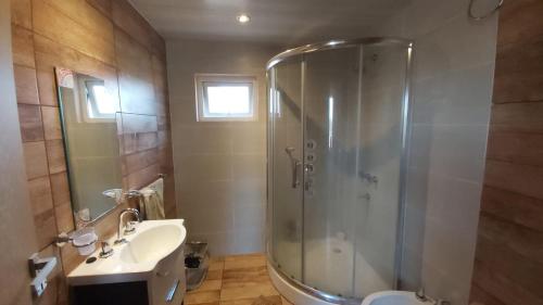a bathroom with a shower and a sink at El descanso in Gardey