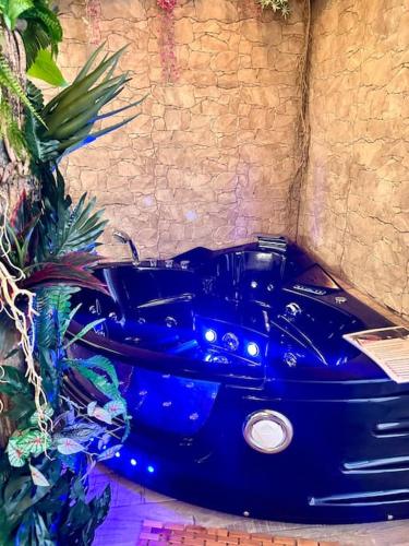 une voiture bleue garée à côté d'un mur de briques dans l'établissement Jungle Love Room avec Jaccuzi au coeur de Nice, à Nice