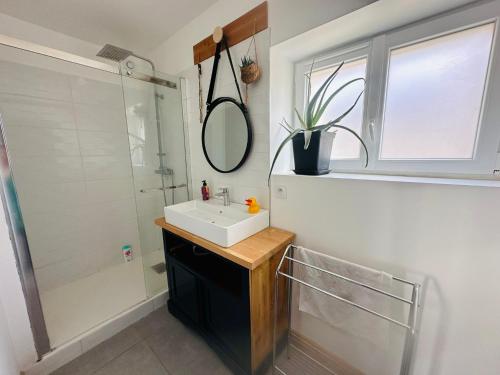 une salle de bain avec un lavabo et une douche dans l'établissement Location maison de vacances Concarneau - 4 personnes, à Concarneau