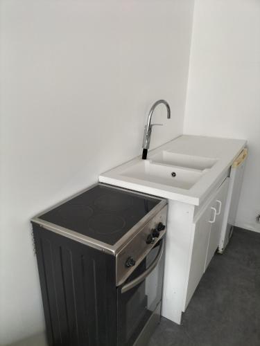 - une cuisine avec un évier et un comptoir blanc dans l'établissement Loft avec chambre, tout confort pour les jo ou visiter Paris, à Aubervilliers
