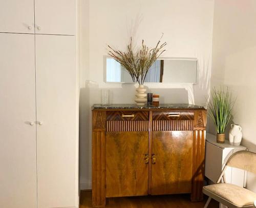Cette chambre dispose d'une armoire en bois avec une plante. dans l'établissement une pièce Cosy à 5 Min de la Tour Eiffel à pied, à Paris