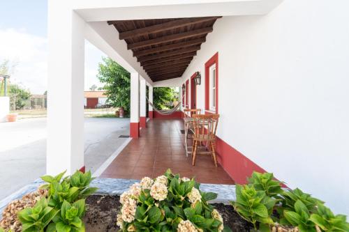 a porch of a house with chairs and flowers at Quinta do lagar in Chamusca