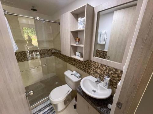 a bathroom with a toilet and a sink and a shower at G105-Hermoso apartamento en condominio campestre in La Tebaida