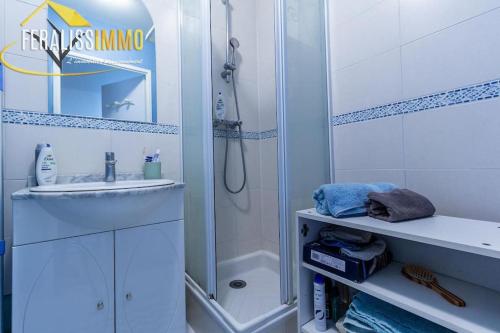 une salle de bain avec douche et lavabo dans l'établissement Appartement chaleureux proche de la base de loisir, à Jouy-le-Moutier