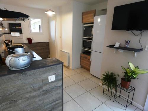 a living room with a kitchen with a flat screen tv at La plain' itude in Lacquy