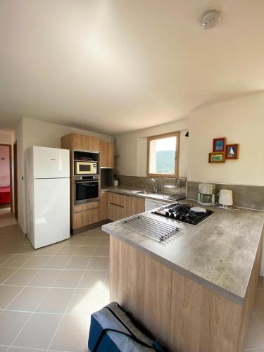 une cuisine avec un réfrigérateur blanc et un comptoir dans l'établissement Domaine des fouques, à Hyères