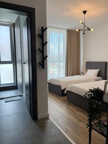 a bedroom with two beds and a mirror at Nuez Residence in Dumbrăviţa
