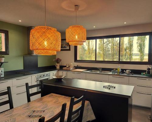 - une cuisine avec une table, des chaises et deux lumières dans l'établissement Aux couleurs du lac, à Géraudot
