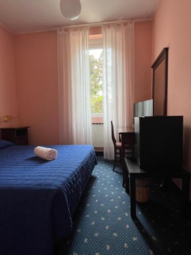 a hotel room with a bed and a desk and a television at Hotel Milano Pool & Garden in Salice Terme
