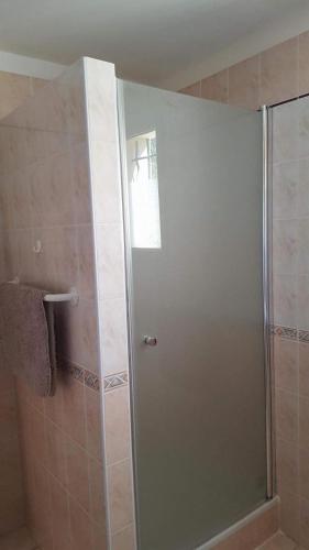 une douche avec une porte vitrée dans une salle de bain dans l'établissement Le clos des anges, à Gonfaron