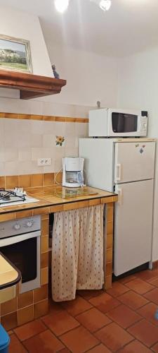 La cuisine est équipée d'un réfrigérateur blanc et d'un four micro-ondes. dans l'établissement Gite bleu a ampus, à Ampus