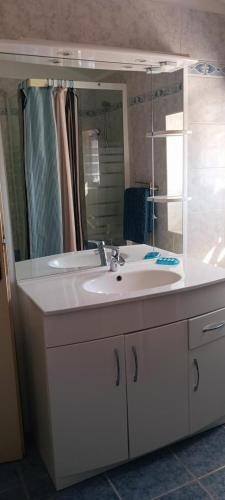 une salle de bain avec un lavabo blanc et un miroir dans l'établissement Gite barret le muy, au Muy