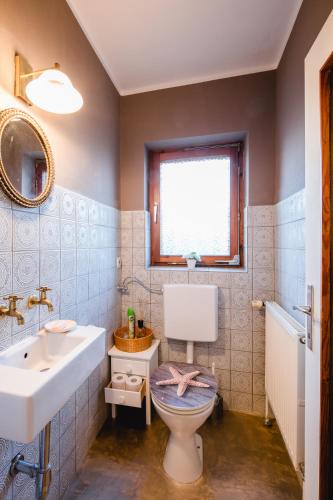 a bathroom with a toilet and a sink and a mirror at Bungalow mit Charme in Haid