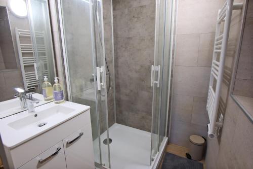 a bathroom with a shower and a sink at Gîte La Lauze de Marijoulet 2/4 personnes in Chanac