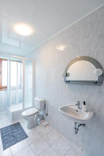 a bathroom with a toilet and a sink and a mirror at Smilciu 34 in Palanga