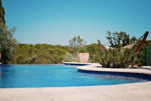 - une piscine avec 2 hamacs et de l'eau bleue dans l'établissement Gite coquet en pierre, à Puget-sur Argens