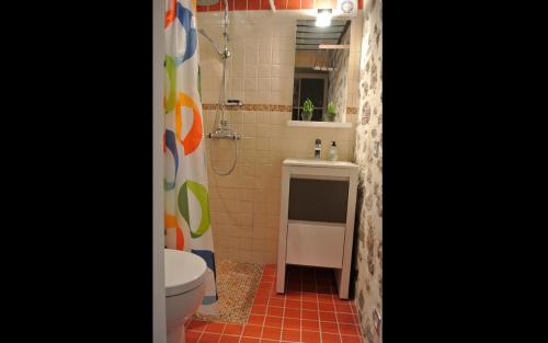 une salle de bain avec une douche, des toilettes et un lavabo dans l'établissement Gite coquet en pierre, à Puget-sur Argens