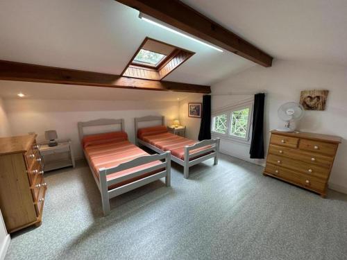 a bedroom with two beds and a skylight at Rose in Biscarrosse