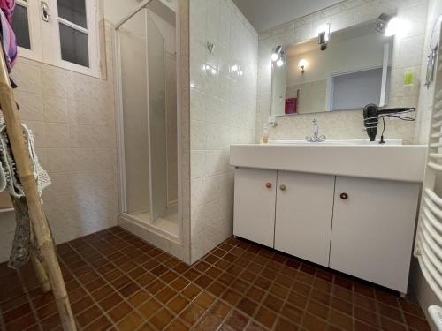 a bathroom with a white sink and a shower at Mendi beheria in Uhart-Cize
