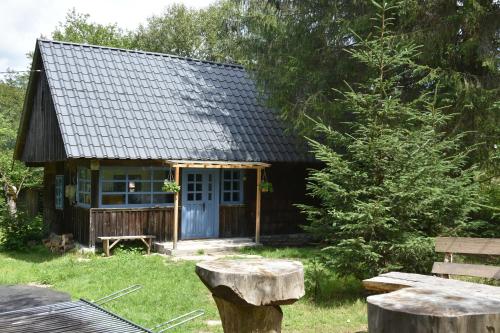 a small cabin with a blue door and two logs at Casuta dintre brazi in Râșca