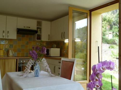 une cuisine avec une table avec un vase de fleurs dessus dans l'établissement La cascade, à Villecroze