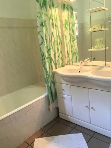 une salle de bain avec un lavabo et un rideau de douche dans l'établissement Les glycines, à Saint-Julien-en-Born