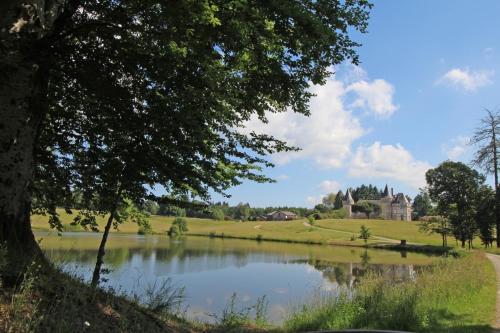 a view of a lake with a castle in the background at Le jardin in Saint-Priest-Taurion