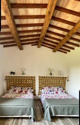 deux lits dans une chambre avec plafonds en bois dans l'établissement Le cabanon du capelan, à La Motte