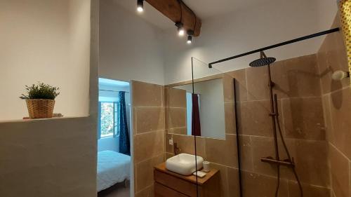une salle de bain avec une douche avec une porte vitrée dans l'établissement Le petit mas, à La Cadière-dʼAzur