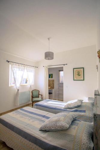 une chambre avec deux lits et une chaise dans l'établissement La bastide d'emilie sud ouest, à Saint Antonin du Var