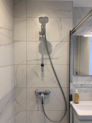 une douche avec pommeau de douche dans une salle de bain dans l'établissement Appartement Cosy proche du centre, à Annecy