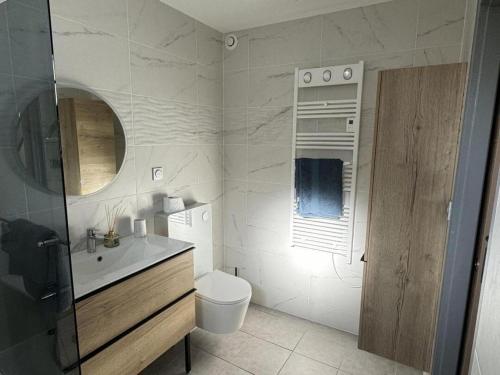 a bathroom with a sink and a toilet and a mirror at Maison pintoun in Heugas