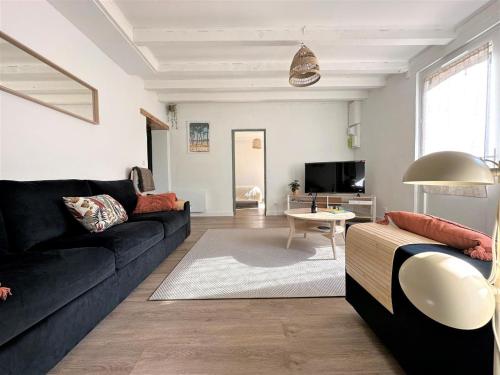 un salon avec un canapé noir et une table dans l'établissement Maison perouge 2, à Soustons